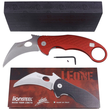 LionSteel L.E.One Knife Red Aluminum, Stonewashed MagnaCut by Emerson Design (LE1 A RS)