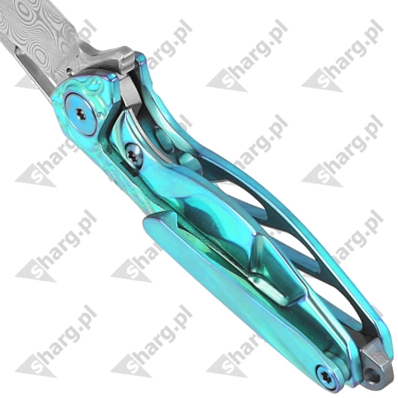 RikeKnife Mini Hummingbird Green Titanium, Rose Damascus by Richard Wu (RK-MINI-G)