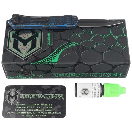 Heretic Manticore S D/E Breakthrough Blue Aluminum, Black DLC MagnaCut OTF Knife by Tony Marfione Jr. (H024F-6A-BRBLU)