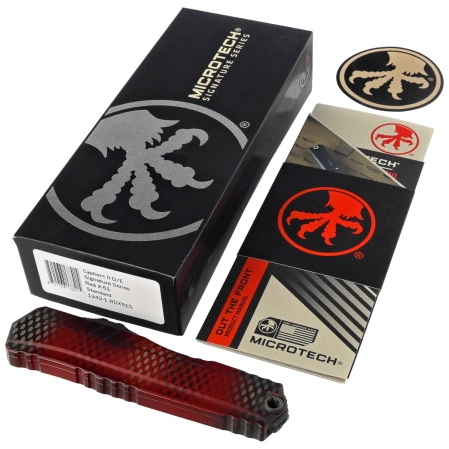 Nóż automatyczny OTF Microtech Cypher II D/E Signature Red X-51 Aluminium, Distressed Black M390MK by Deryk Munroe i Tony Marfione (1242-1RDX51S)