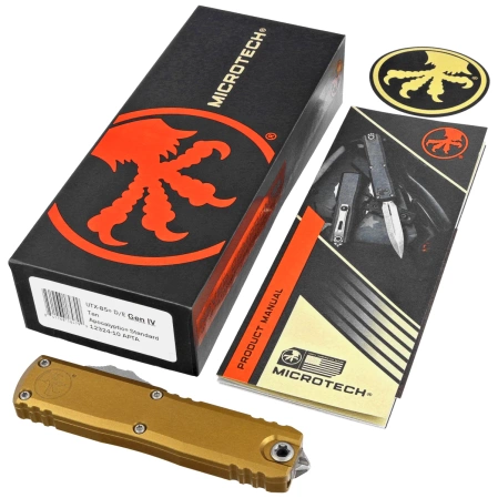 Microtech UTX-85 Gen IV D/E OTF Knife Tan Aluminum, Apocalyptic M390MK by Tony Marfione (12324-10APTA)