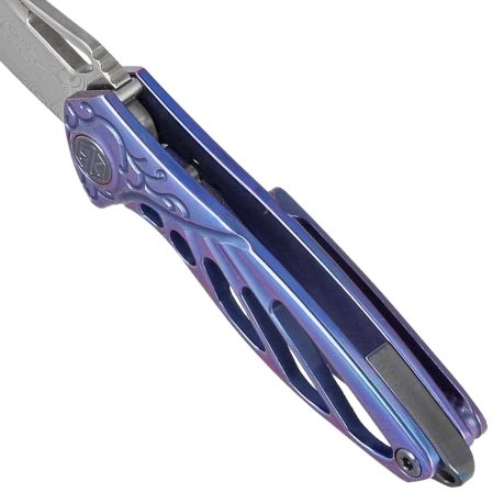 RikeKnife Mini Hummingbird Blue Titanium, Rose Damascus by Richard Wu (RK-MINI-BL)