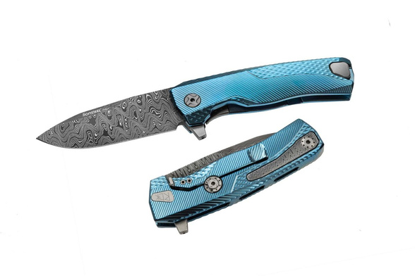 LionSteel ROK Knife Blue Titanium, Chad Nichols Scrambled Damascus (ROK DD BL)
