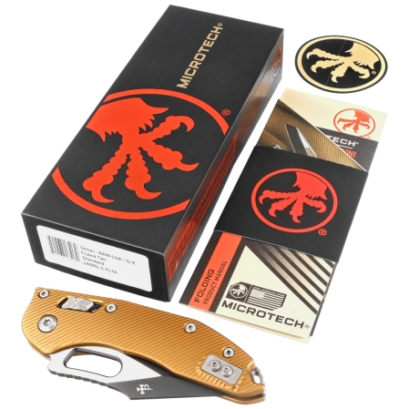 Microtech Stitch Ram-Lok S/E Fluted Tan Aluminum, Black M390MK by Borka Blades and Tony Marfione (169RL-1FLTA)