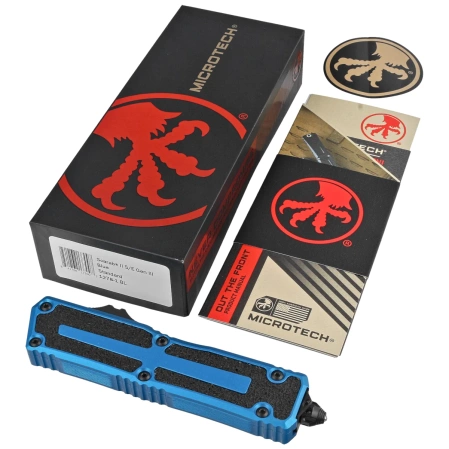 Microtech Scarab II Gen III S/E OTF Knife Blue Aluminum, Black M390MK by Tony Marfione (1278-1BL)