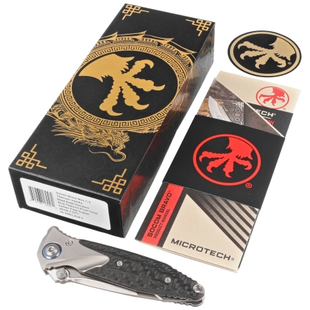 Microtech Socom Bravo Mini T/E Titanium/Carbon Fiber, Blue HW, Bead Blasted M390 by Tony Marfione (261M-7CFTI)