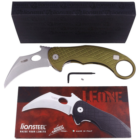 LionSteel L.E.One Knife Green Aluminum, Stonewashed MagnaCut by Emerson Design (LE1 A GS)
