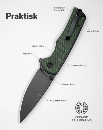 Nóż składany Sencut Praktisk Green Canvas Micarta, Black 9Cr18MoV (S24019-3)
