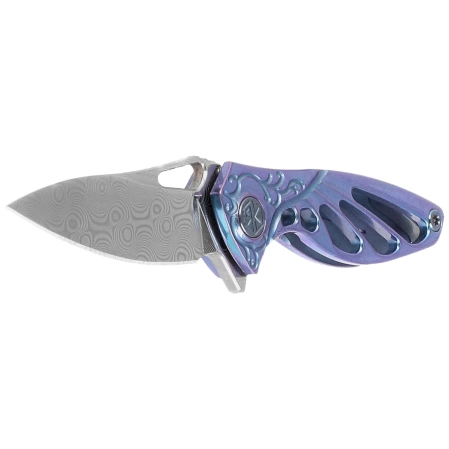 RikeKnife Mini Hummingbird Blue Titanium, Rose Damascus by Richard Wu (RK-MINI-BL)