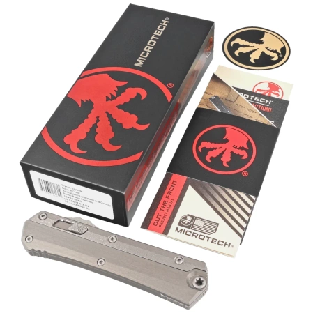 Microtech Glykon Bayonet OTF Knife Natural Clear Aluminim/Apocalyptic Titanium, Apocalyptic M390 by Tony and Sean Marfione (184-10APNC)