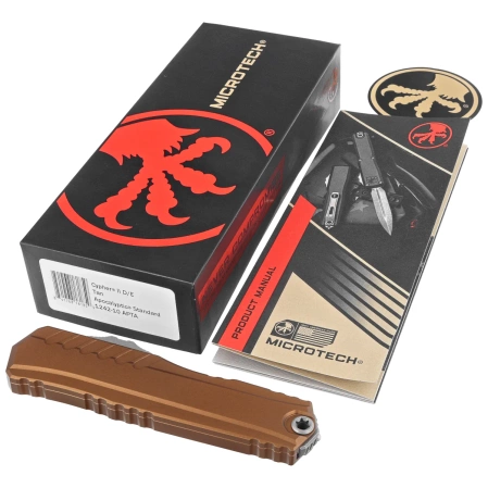 Microtech Cypher II D/E OTF Knife Tan Aluminum, Apocalyptic M390MK by Deryk Munroe and Tony Marfione (1242-10APTA)